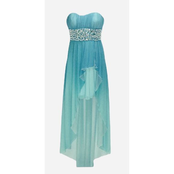 Speechless Dress Junior 3 Strapless Gown Hi Low Hem Turquoise Blue Green - Picture 1 of 6